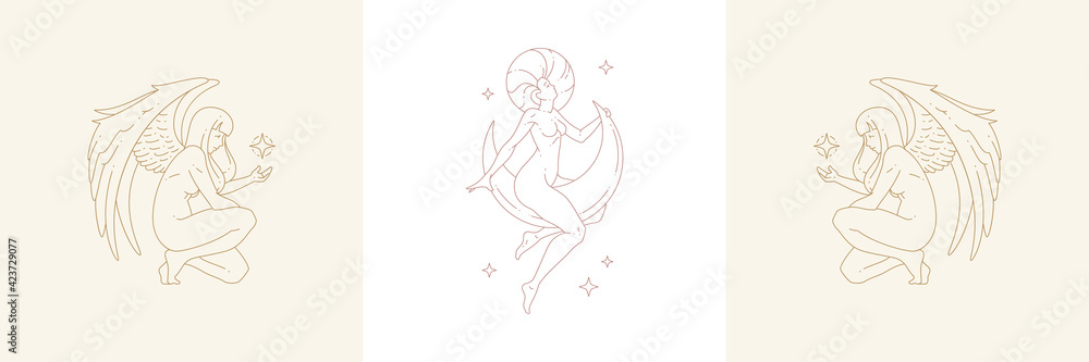 Magic female creatures and wings with woman on moon in boho linear style vector illustrations set Magic female creatures and wings with woman on moon in boho linear style vector illustrations set