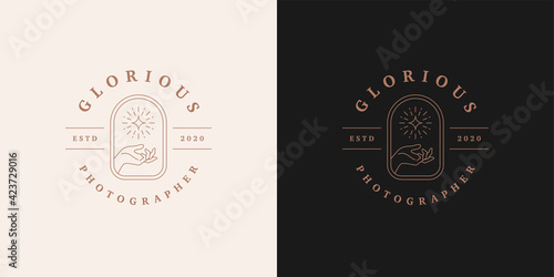 Female linear hand holding magic star logo template vector illustration