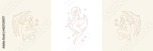 Magic female creatures and wings with woman on moon in boho linear style vector illustrations set