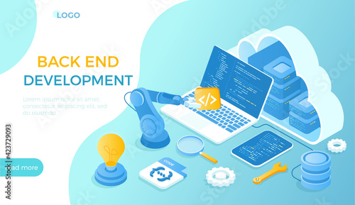 Back End Development, Coding, Software Engineering, Programming. Server racks in the big cloud, database, program code on laptop screen. Isometric vector illustration for website.