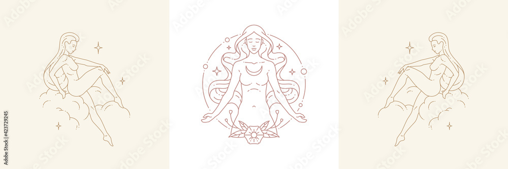 Magic female creature and woman on cloud in boho linear style vector illustrations set. Magic female creature and woman on cloud in boho linear style vector illustrations set.
