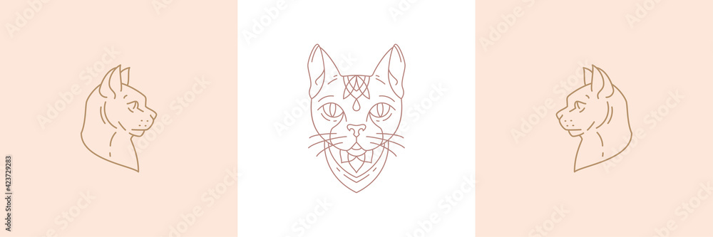 Mythology ancient cat in boho linear style vector illustrations set.