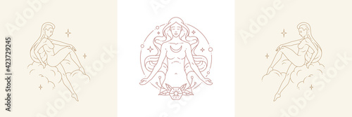 Magic female creature and woman on cloud in boho linear style vector illustrations set.