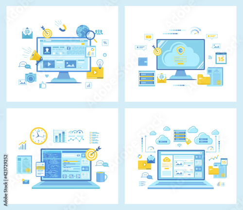 Social Media Content Strategy, Marketing. Cloud Security, Cloud Computing, Data Protecting   Hosting. SEO Management. Set of  flat vector illustrations. Concept for websites.