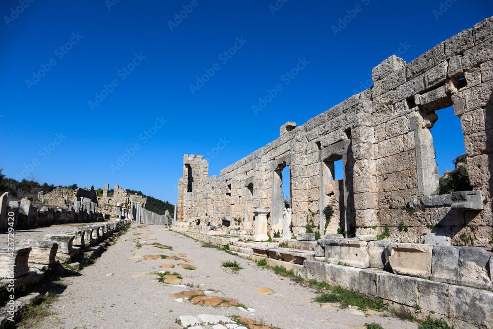 ruins of ancient gymnasium in archaeological site Perege, near Antalya, Turkey