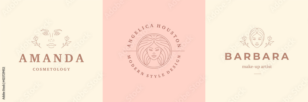 Feminine logos emblems design templates set with beauty female portraits vector illustrations minimal linear style Feminine logos emblems design templates set with beauty female portraits vector illustrations minimal linear style