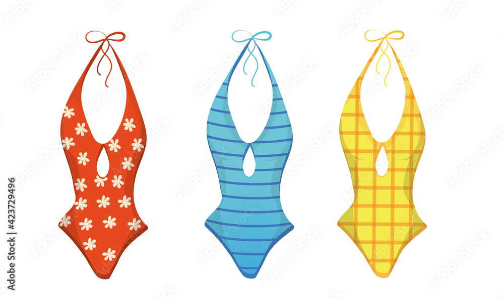 Summer beach swimsuit. Colorful swimsuits in different colors. Swimsuits on a white background. Vector illustration in cartoon style. Design element, print, print.