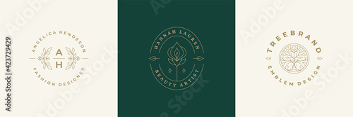 Botanical logos emblems design templates set with blossom flowers vector illustrations minimal linear style