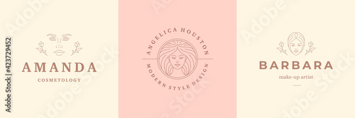Feminine logos emblems design templates set with beauty female portraits vector illustrations minimal linear style