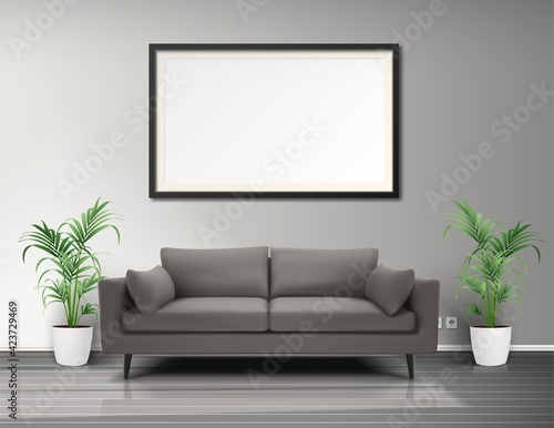 3d realistic vector living room interior with picture frame,  sofa floor pots.