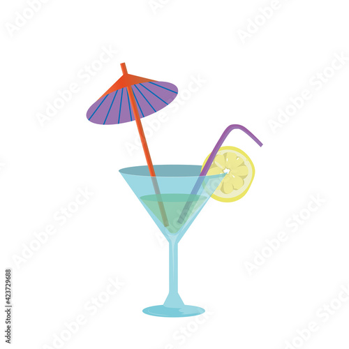 Summer cocktail with umbrella. A martini glass. Beach drink with umbrella, design element, print, print.