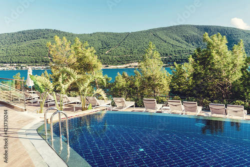 BODRUM TURKEY   JULY 10  2018 - Luxury Pool above the Sea with Mountain View