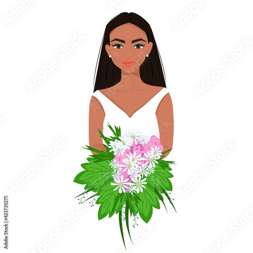 Girl in white with a bouquet of flowers in her hands, pretty afro woman with makeup, beautiful female avatar, vector illustration in flat style..