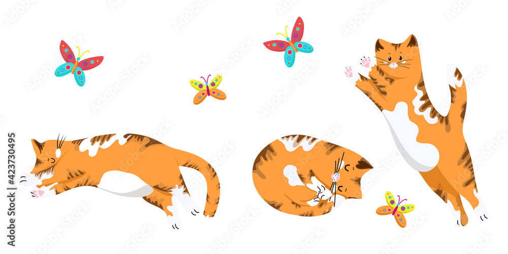 ......Set of cats in different poses, funny red kittens, cat jumping for a butterfly, cute pets in cartoon style, vector objects on a white background, hand draw... ......Set of cats in different poses, funny red kittens, cat jumping for a butterfly, cute pets in cartoon style, vector objects on a white background, hand draw...