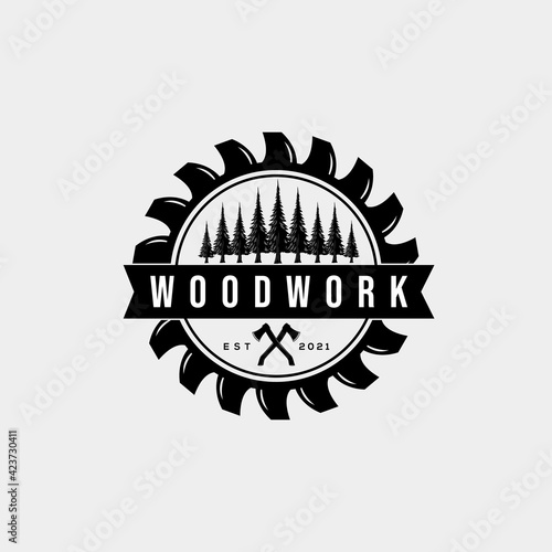 woodwork carpentry company vintage badge logo template vector illustration design. simple hipster carpenter, joinery, sawmill emblem logo concept