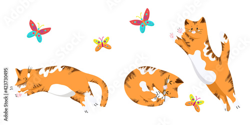 ......Set of cats in different poses  funny red kittens  cat jumping for a butterfly  cute pets in cartoon style  vector objects on a white background  hand draw...