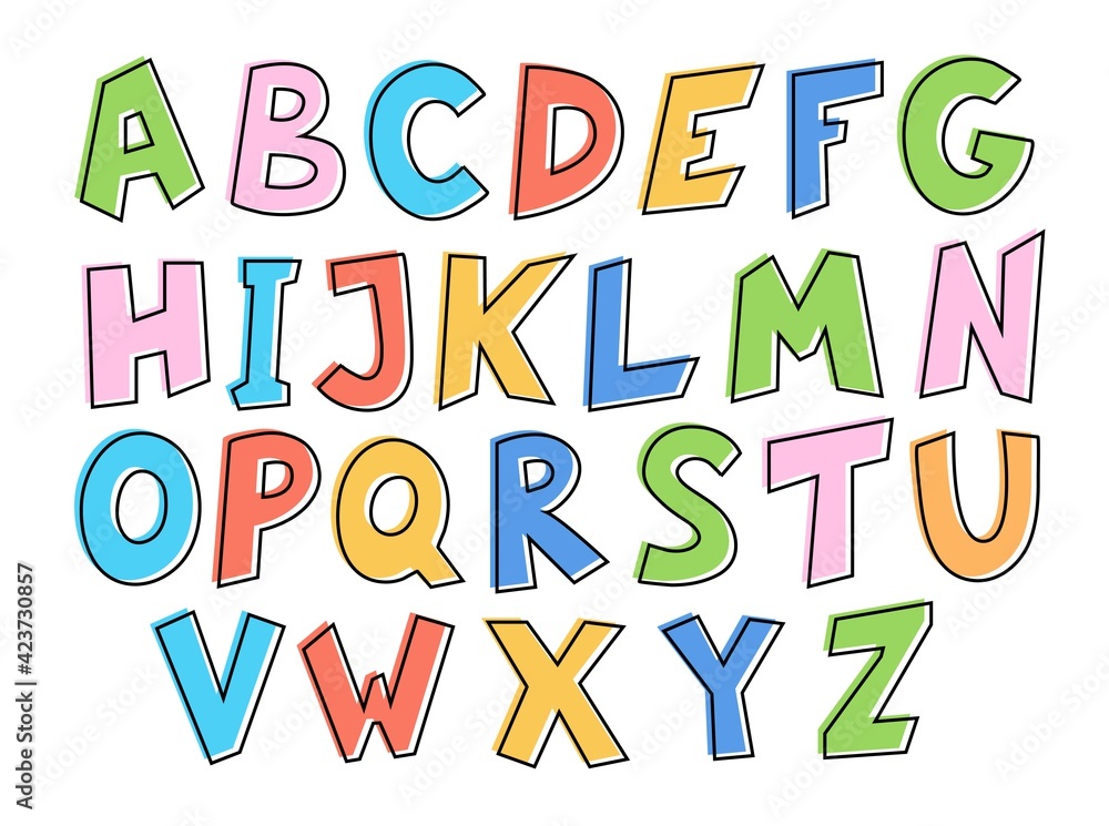 Hand-drawn cute English alphabet. Green, yellow, red and white letters on a white background. Vector illustration.