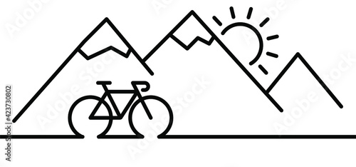 Racing bike or mountain biker. Nature tourism in the mountains, travel, adventure concept. Cartoon cycling line pattern icon. Sports symbol. Cycle, bicycle logo. Cyclist on holliday, vacation. Sun