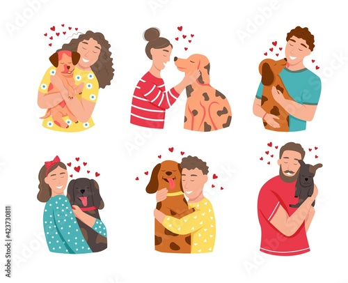 A set of characters. Happy pet owners. Young men and women hugging dogs. Happiness, joy, heart. Cute flat vector illustration.