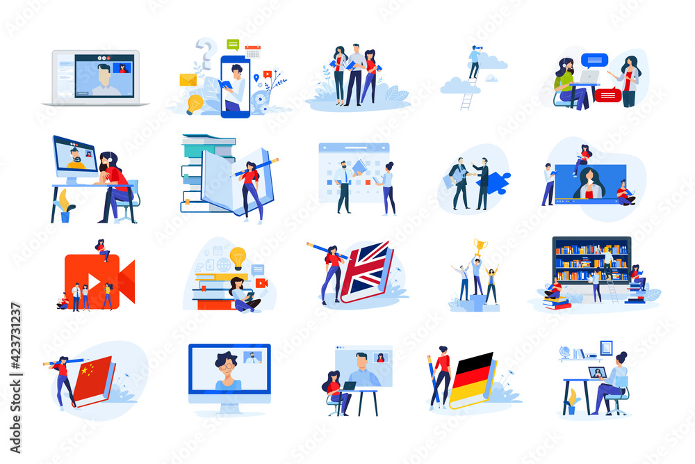 Set of modern flat design people icons of distance education, e-learning, school, video call, online training and course, webinar, video tutorial, language school, teaching, books and library. 