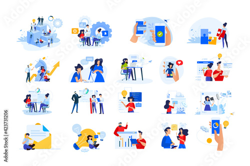 Set of modern flat design people icons of start up, project development, business strategy and analytics, social media, Internet marketing, e-banking, programming, cloud data storage.