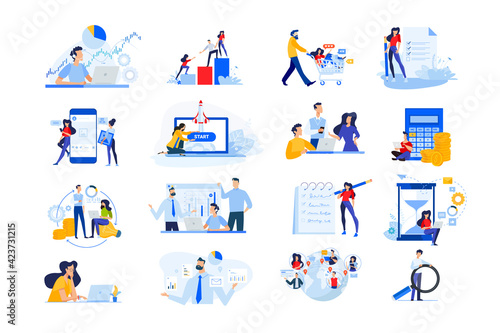 Set of modern flat design people icons. Vector illustration concepts of startup, time management, social network, e-commerce, data analytics, market research, business presentation, finance, marketing photo