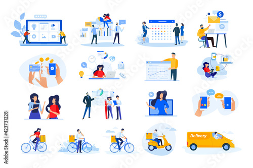 Set of modern flat design people icons. Vector illustration concepts of delivery, ebanking, communication, project development, business management, Internet marketing, seo, video calling.