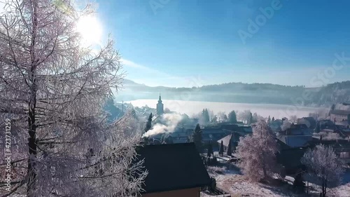 Beautiful View of Frozen Tree and Aerial View od Lake in Dedinky in Slovakia during winter time. photo