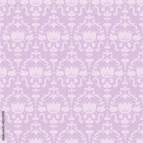 Lilac damask surface pattern design. Seamless soft organic vector illustration.