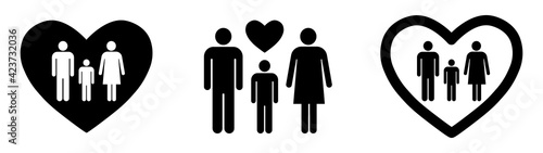 Family signs. Child, dad and mom stand together with the hearts. Vector illustration.