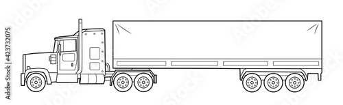 Heavy american cargo truck illustration  - simple line art contour of vehicle.