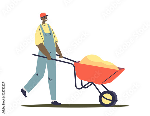 Man worker pushing wheelbarrow. Cartoon male character in uniform lift wheel barrow