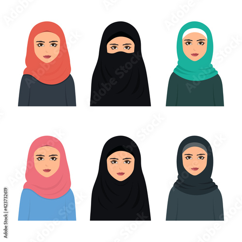 Set of muslim woman character in flat style icon design.