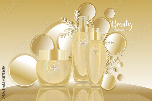 Beauty product ad design, gold cosmetic containers with holiday concept background ready to use, luxury skincare banner, illustration vector.