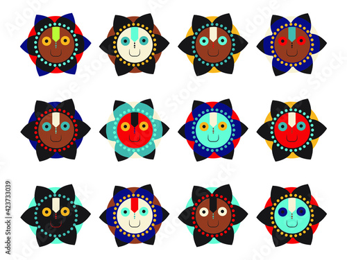 Jagannath vector drawing set. Collection of Hindu icons. Multi-colored drawings of Vedic deities.