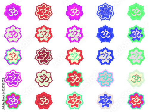 Set of colorful illustrations of om symbol. Vector drawing of symbols of meditation. Collection of Hindu icons.