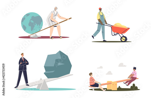 Seesaw, fulcrum and people set. Cartoon characters using simple fulcrum mechanism for lifting