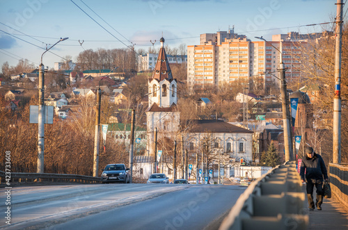 Varvarinskaya church and a man on the bridge in Smolensk