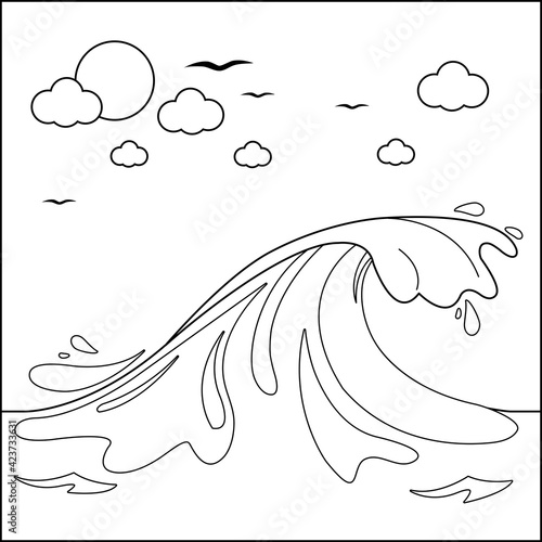 Wave in the ocean. Vector black and white coloring page