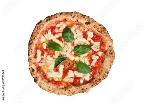 Fotografie real italian Pizza margherita whit mozzarella and tomato isolated on white backg