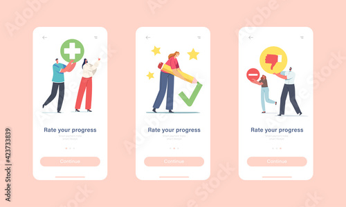 Rate your Progress Mobile App Page Onboard Screen Template. Tiny People with Plus and Minus Symbols, Green Check Mark