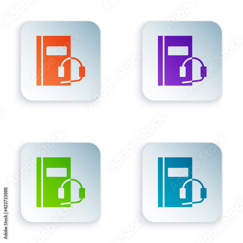 Color Audio book icon isolated on white background. Book with headphones. Audio guide sign. Online learning concept. Set colorful icons in square buttons. Vector Illustration