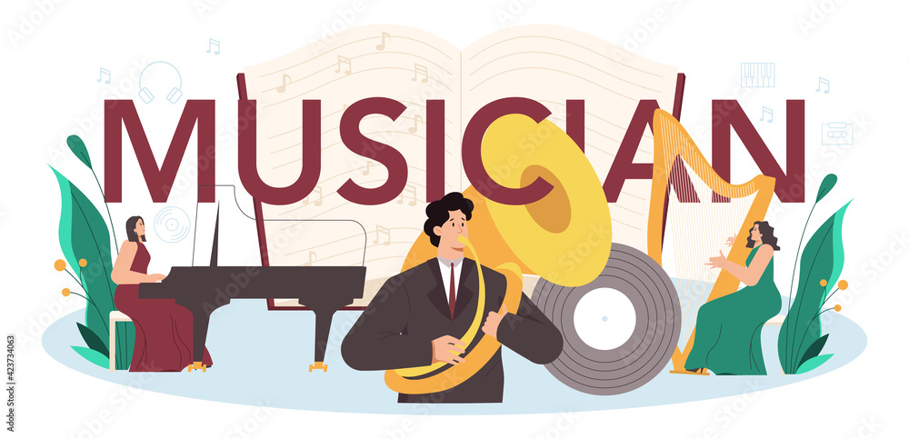 Professional musician typographic header. Performer playing music