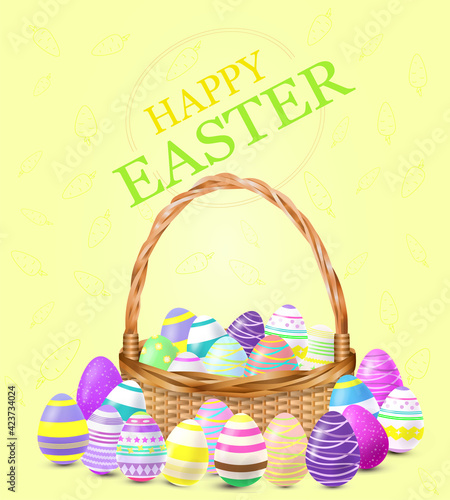 Easter Holiday Saints. Traditional Christian Holiday. Basket Eggs. Varied Colored Eggs. Delicate Background. Handdraw