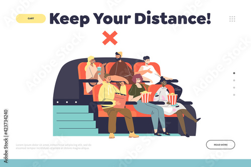 Keep social distance in cinema concept of landing page with people sitting closely watching movie