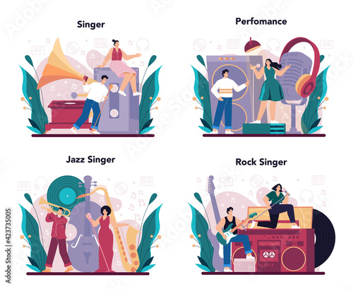 Singer concept set. Performer singing with microphone on stage. Music show