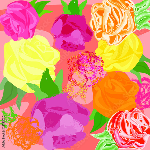 Abstract multilayer floral pattern with colored roses and leaves on pink background