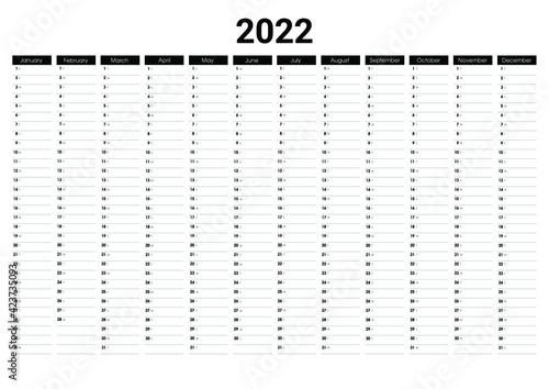 2022 Year wall calendar for printing. Vector annual calendar template with spaces for notes