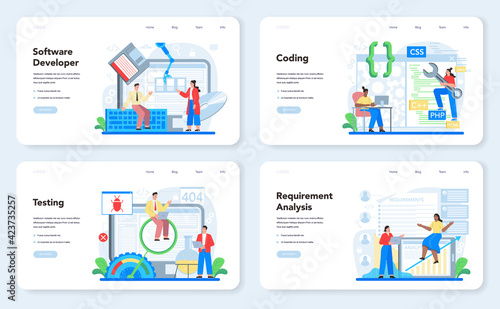 Software developer web banner or landing page set. Idea of programming