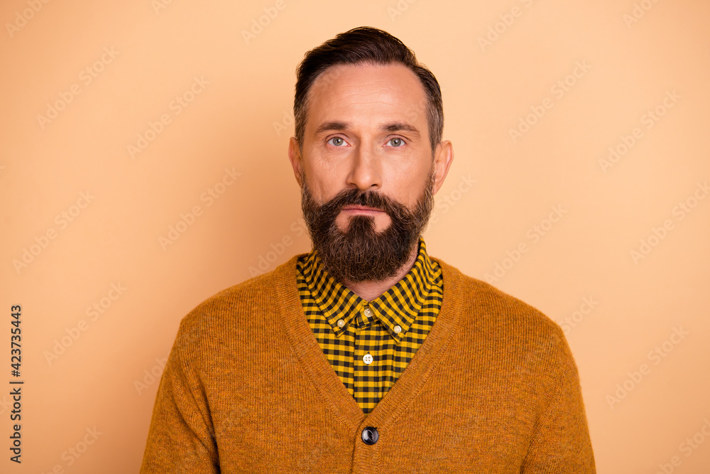 Fototapeta premium Photo of nice person look camera no emotions face wear checkered shirt isolated on beige color background